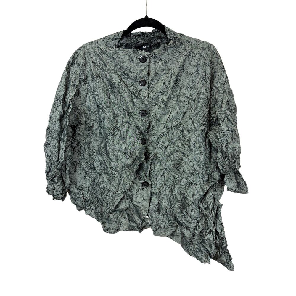 NWT Sun Kim Comfy USA Green Black  Button Up Crinkle Asymmetrical Top XL
